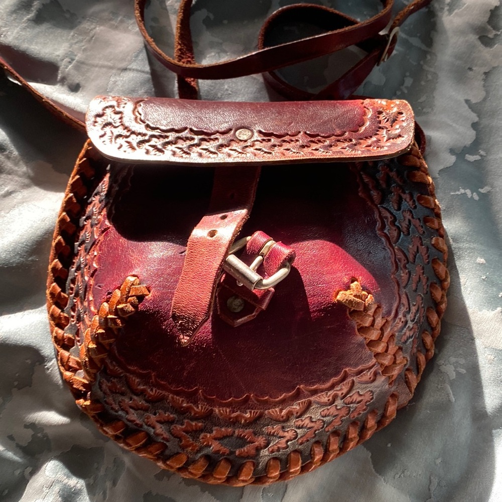 Chilean Artisanal Small Crossbody, Burgundy w/ Leather Details
